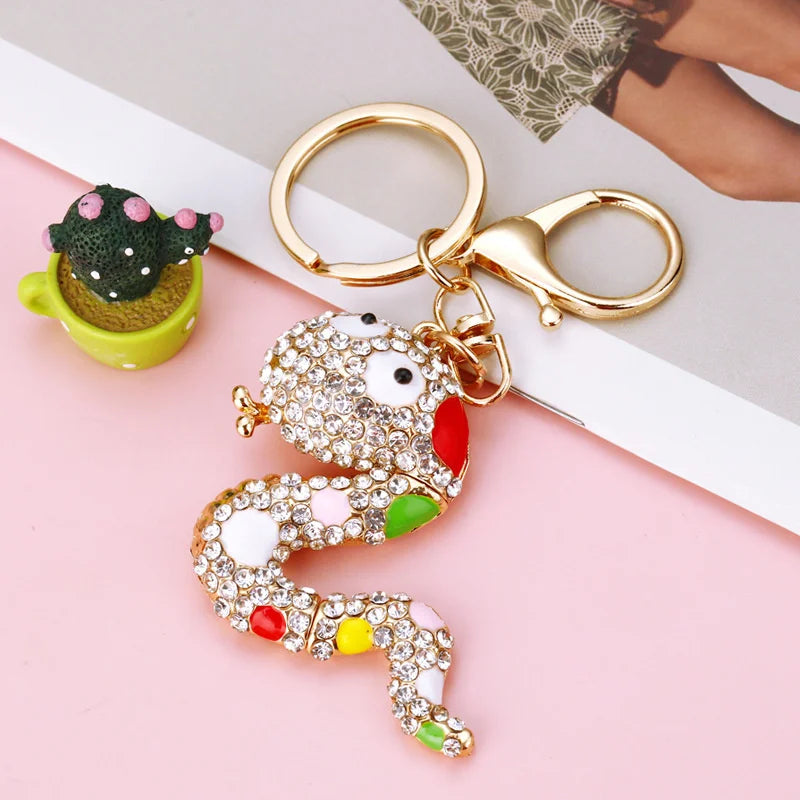 Creative Diamond Chinese Zodiac Little Flower Snake Car Pendant Cartoon Cute Snake Keychain Ring Bag Hanging Decoration Gift