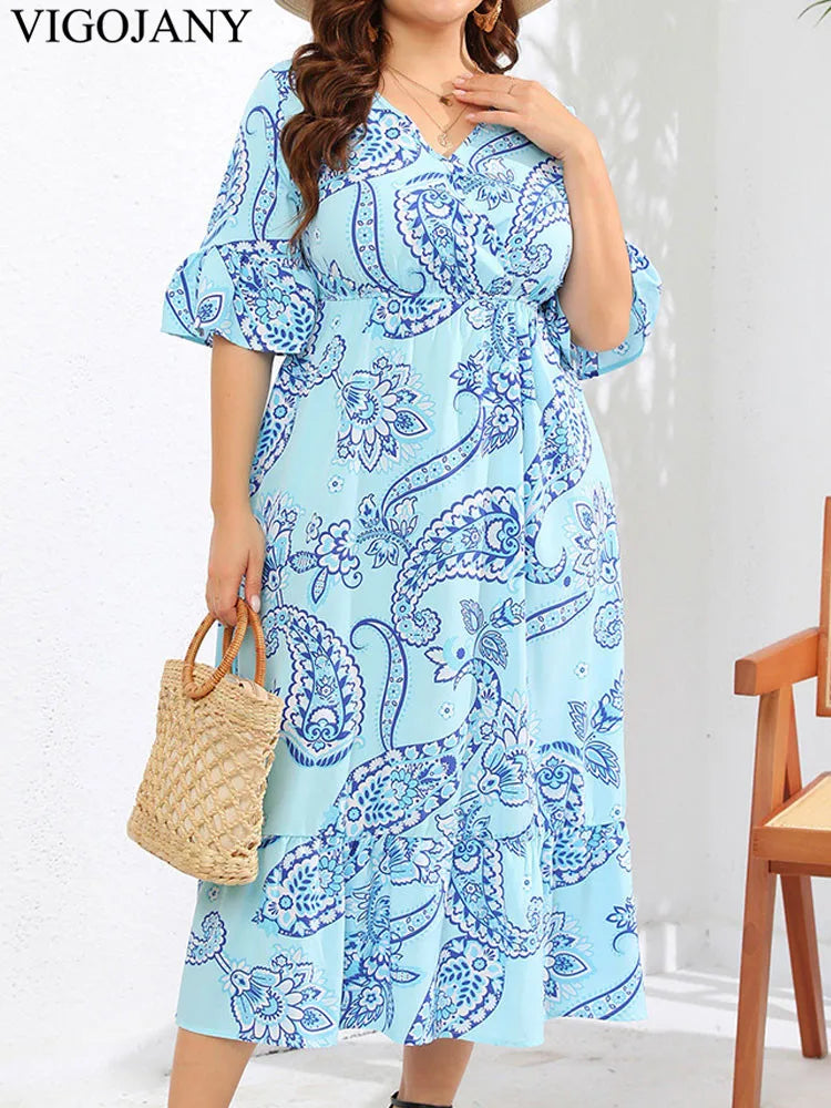 Vigojany 2025 Women Summer Short Sleeve Plus Size Dress Print Casual V Neck Large Big Dress Lady Chubby Curvy Long Dresses