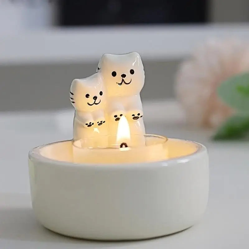 Ceramic Cat Candlestick Cute Grille Resin Cat Aromatherapy Candlestick Living Room Desktop Decoration Birthday Gift Ornament