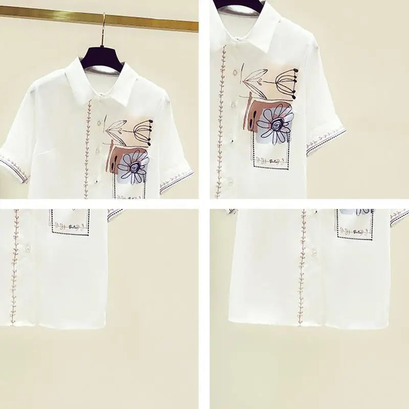 Women's Chic Fashion Chiffon Summer New Solid Color Commute Blouses Short Sleeve Polo-Neck Single-breasted Loose Printed Shirts