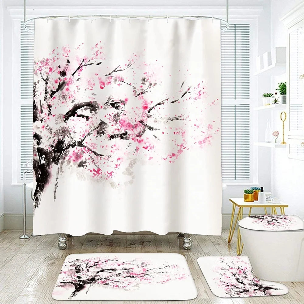 Japanese Cherry Blossom Shower Curtain Set Non-Slip Rug Toilet Lid Cover Bath Mat Spring Sakura Flower Pastoral Bathroom Curtain