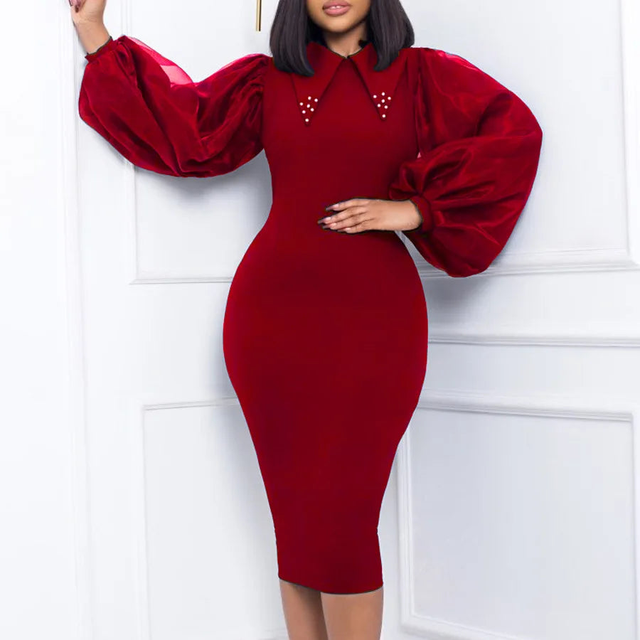 FairyShely 2025 Spring Autumn Solid Plus Size Dress Women Lantern Long Sleeve Large Big Dresses Lady Party Tight Curvy Dress