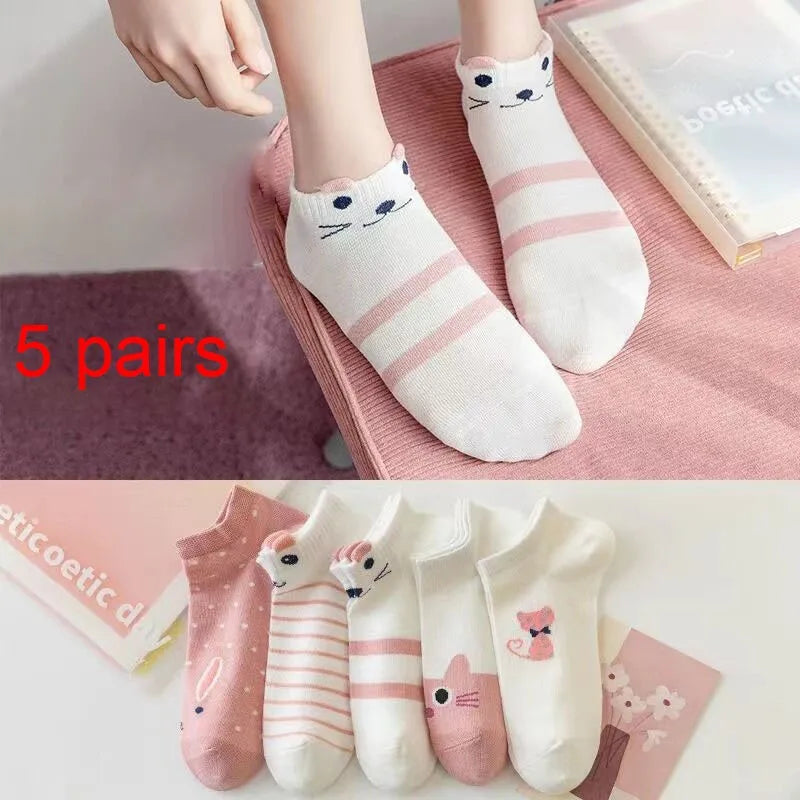 Women's Socks 5 Pair Kawaii Cartoon Cute Cat Socks For Women Funny Spring Cat Low Cut Short Academy Ankle Socks Woman BZ109