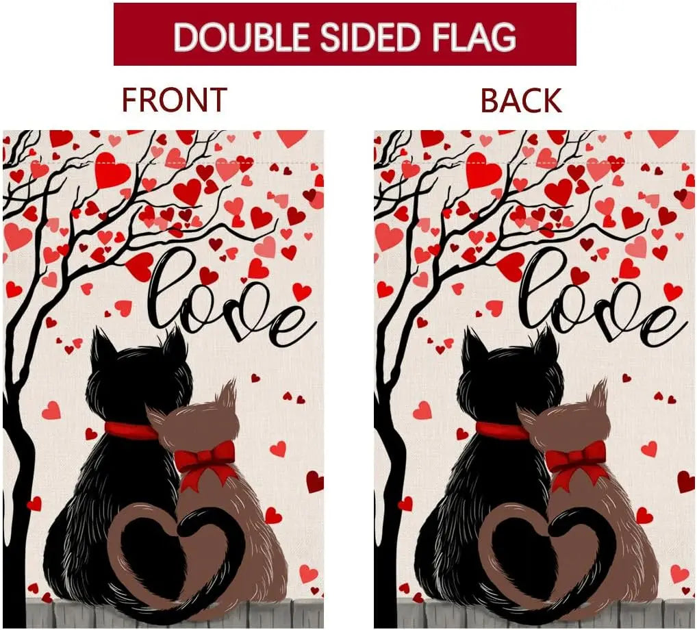 BLKWHT Valentines Cats Garden Flag 12x18 Vertical Double Sided Red Love Tree Spring Farmhouse Holiday Outside Decorations Burlap