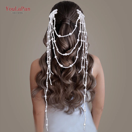 YouLaPan Elegant Fashion Wedding Tiara Long Pearl Tassel Bride Hair Comb Luxury Bridal Headband Women Hair Accessories HP752