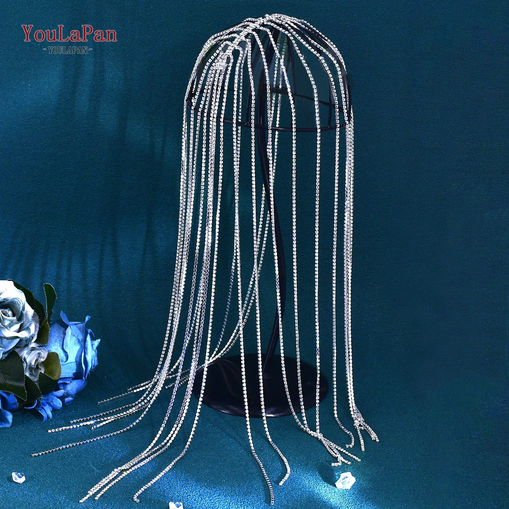 YouLaPan Shine Full Rhinestone Chain Headband Women Long Tassel Crystal Hair Accessories Wedding Banquet Jewelry Tiara HP778