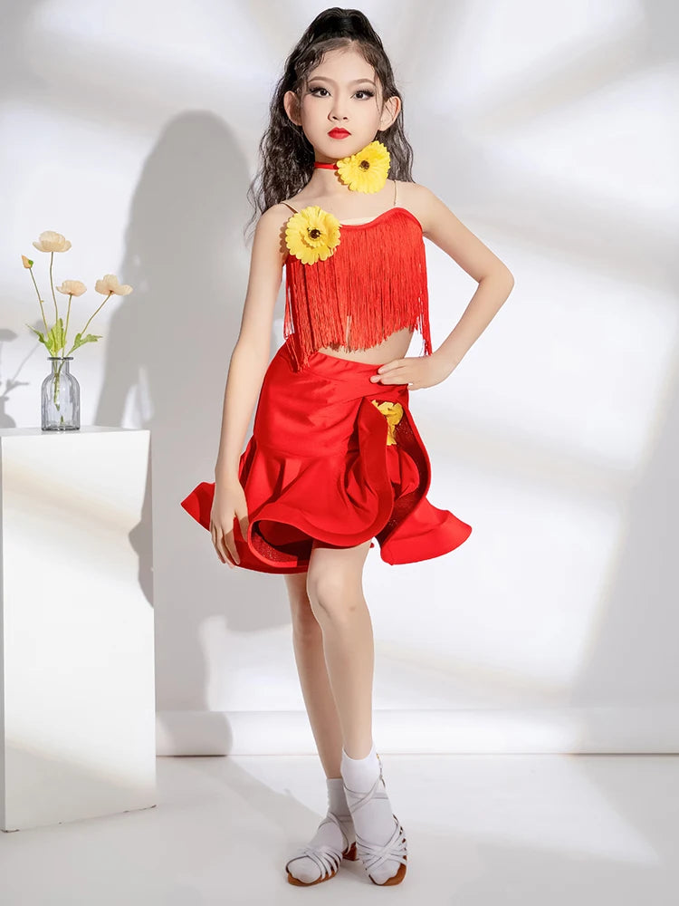 Latin Dance Outfit für Mädchen 2024 Neue Sommer Kinder Neue Floral Praxis Wettbewerb Kleidung