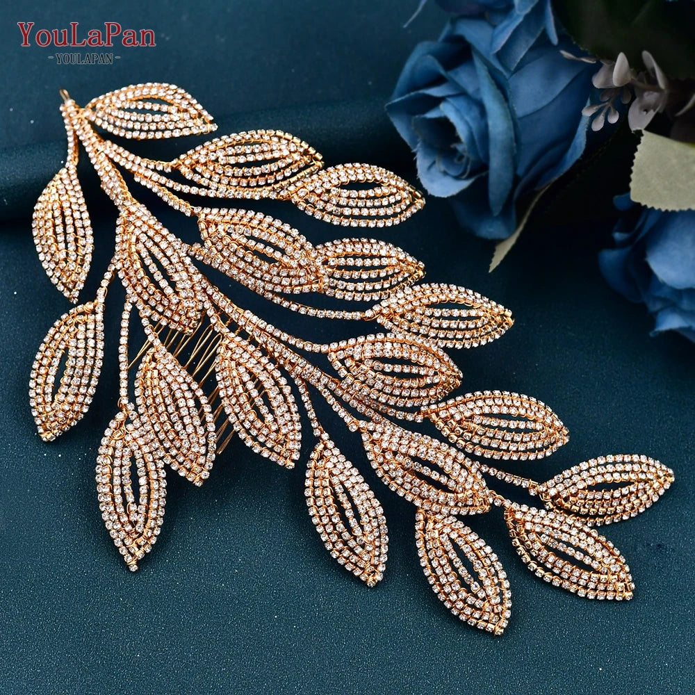 YouLaPan Bridal Hair Comb Wedding Hair Accessories Jewelry Bride Tiaras Luxury Headband Woman Crystal Leaf Headdresses HP452