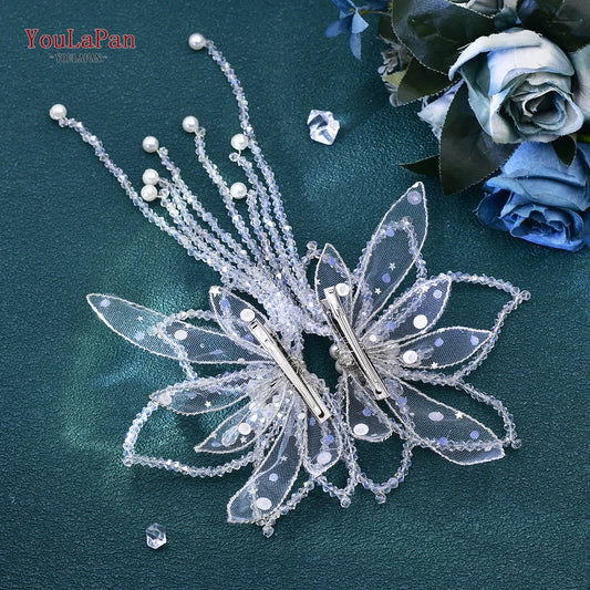 YouLaPan 2 Pce Butterfly Shape Hair Chip Handband Handmade Crystal  Tassel  Bride Headwear Shiny Wedding  Hair Accessories HP694