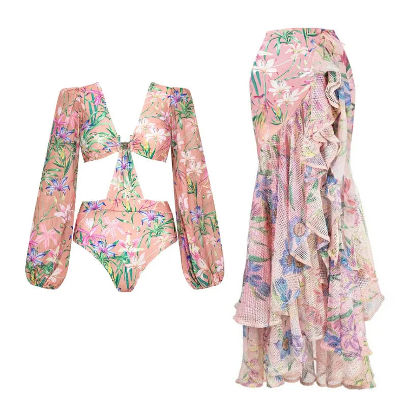 2025 Vintage Floral One Piece Swimsuit Floral Ruffle Printed Push Up Women Bikini Set Swimwear Slimming Bathing Suit Beach Wear
