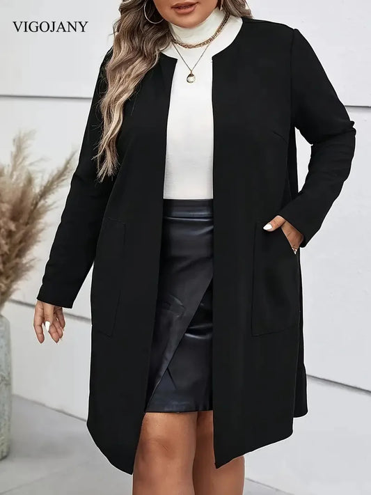 VigoJany 2025 Winter Black Plus Size Coat Women Casual O-Neck Large Long Sleeve Outwear Ladies Chubby Open Stitch Curvy Clothes