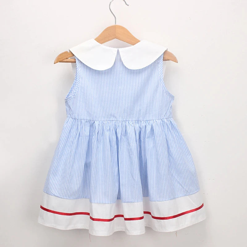 New Summer Embroidery Cherry Turn-down Collar Sleeveless Striped Dress Cotton Infant Princess Dress Toddler Girls Clothes