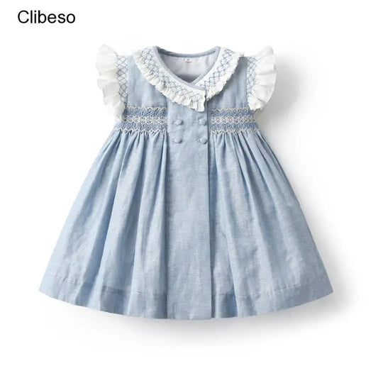 2024 Kids Spanish Dress Girls Hand Made Smocking Blue Dress with Ruffle Collar Sleeeve Baby Smocked Embrodiery Dresses