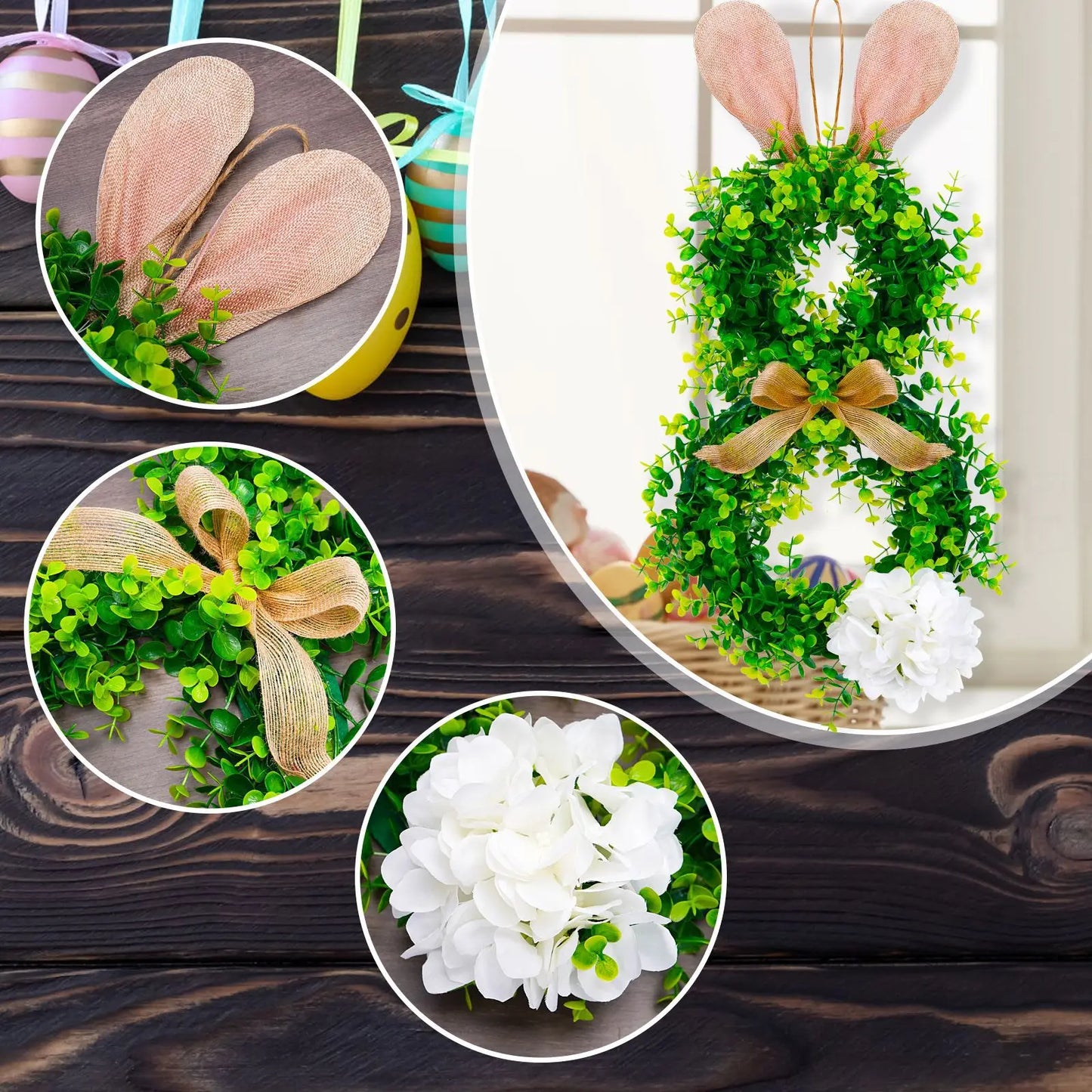 2025 New Easter Bunny Wreath Hanging Decorations Artificial Plants Rabbit Wreath Front Door Window Hanging Wreath Decorations