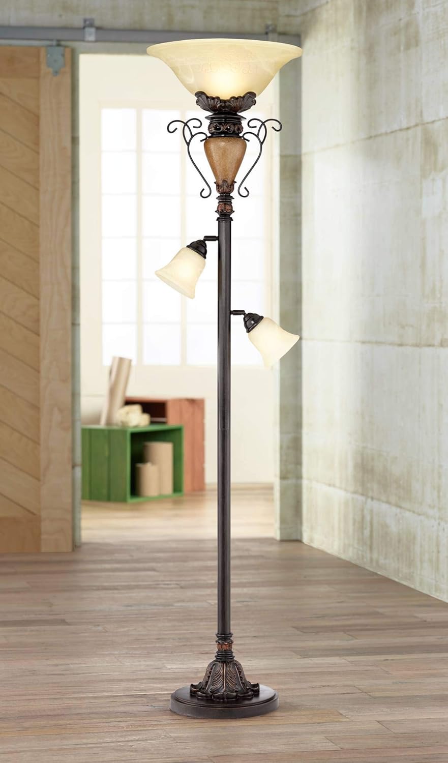 Regency Hill Vintage Traditional Torchiere Floor Lamp Tree 72"" Tall Antique Bronze Adjustable Alabaster Glass Shades Slide