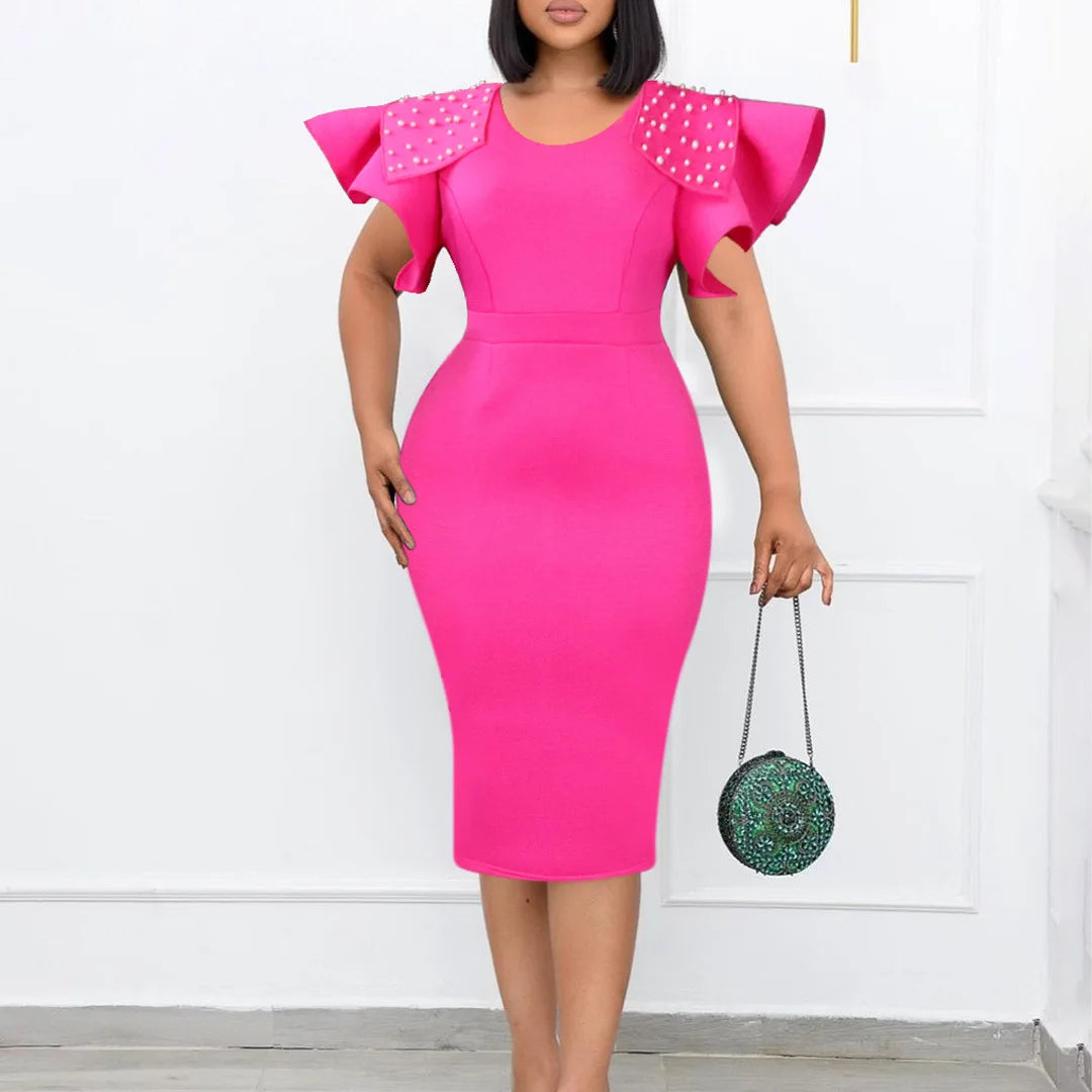 FairyShely 2025 Verge Short Sleeve Plus Size Dress Women Solid Large Bodycon Big Dresses Lady Summer Party Tight Curvy Dress