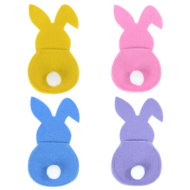 4pcs Easter Cutlery Bag Felt Bunny Rabbit Knife Fork Holder Bags Tableware Spring Easter Festival Party Home Table Decorations