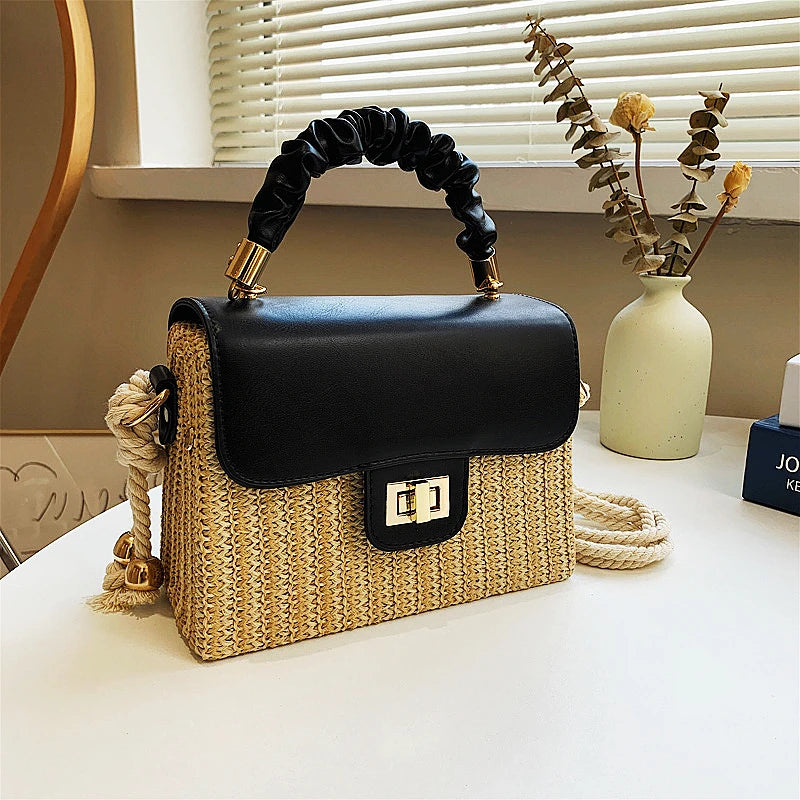 Straw Beach Bag for Women Summer Pleated Handle Luxury Designer Bag Contrast Color Crossbody Purse and Handbag Lady Bolsos