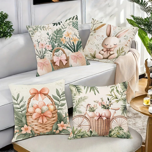 Easter Bunny and Plant Pillow Cover Nordic Home Decor Pillow Cover Festive Bedroom Living Room Decor Polyester Cushion Cover