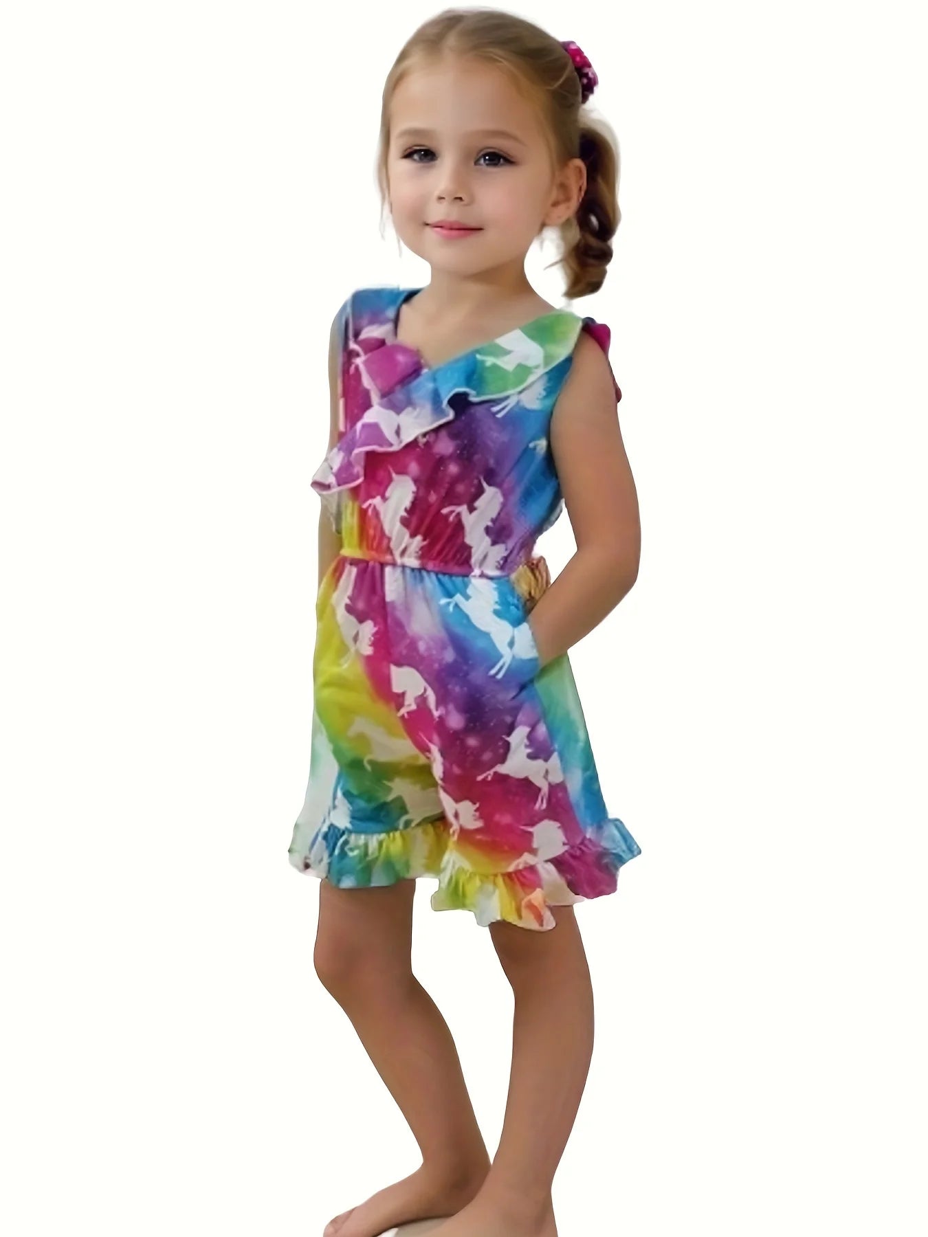 Niedlicher Pullover mit Blumendruck für Mädchen mit Taschen, Einhorn-Rüschen, lässige Alltagskleidung