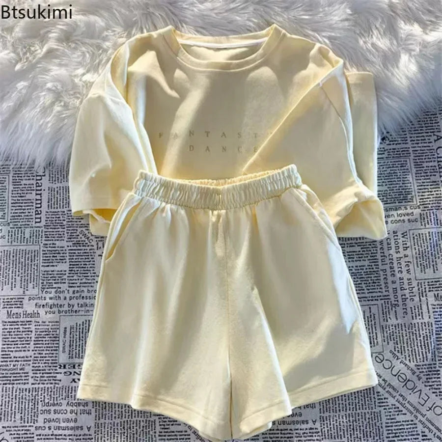 2025 Summer Women Shorts Sets Casual Two Pieces Short Sleeve T Shirts and High Waist Short Pants Solid Outfits Tracksuit 2PCS