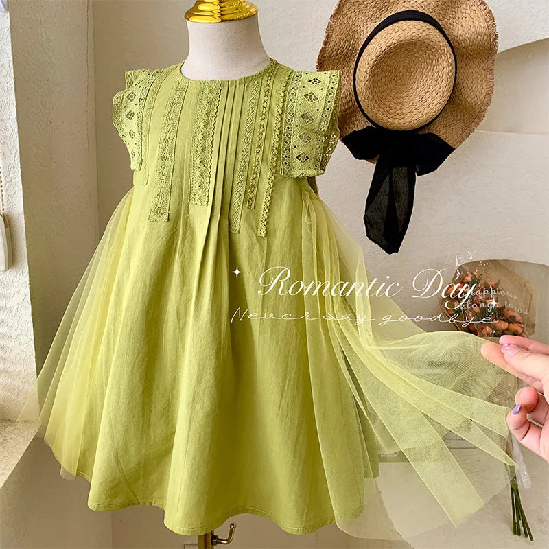 2024 Summer New 2 3 4 5 6 7 8 9 10 12 Years Children Lace Patchwork Cotton Embroidery Sleeveless Loose Dress For Kids Baby Girl