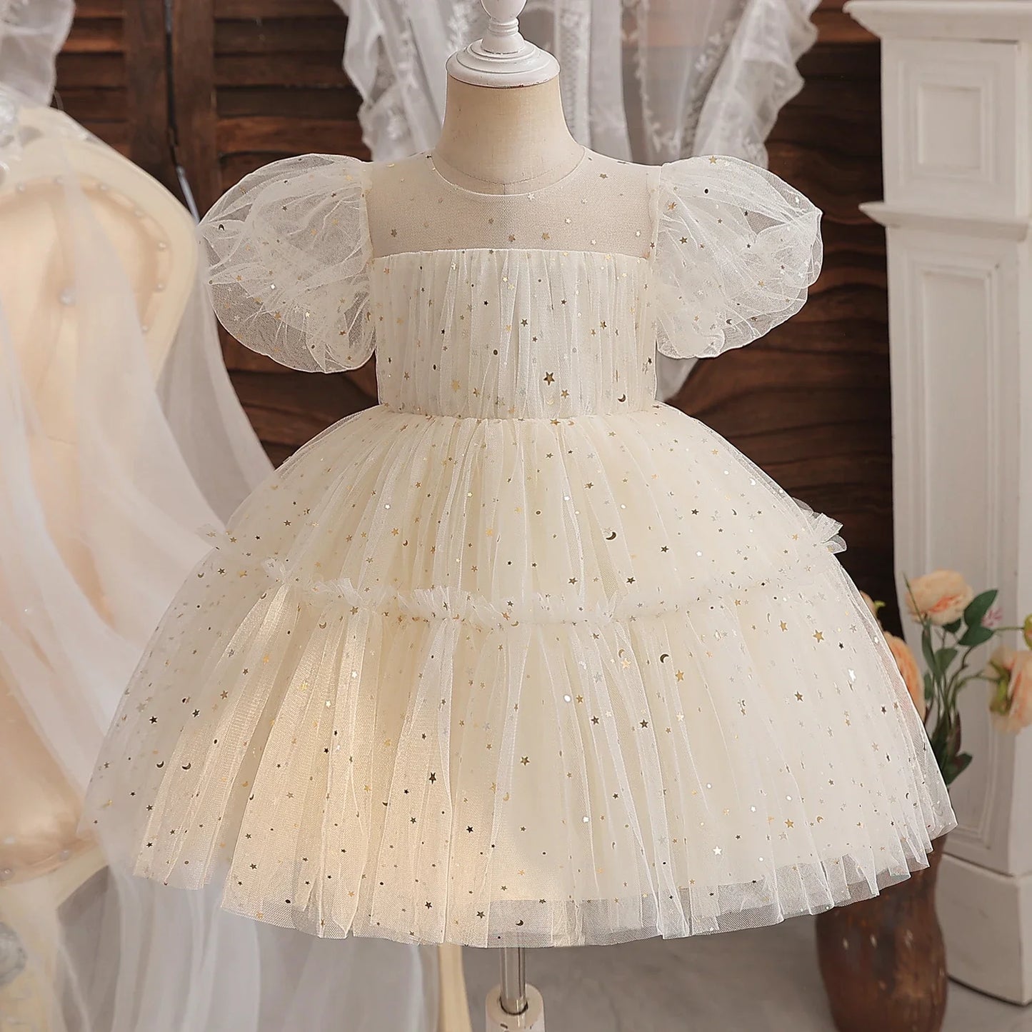 Kleinkind Mädchen Party Prinzessin Kleid Baby Champagner 1st Geburtstag Outfits Kinder Sommer Puff Ärmel Pailletten Tutu Kleid Mädchen Gala Kleidung