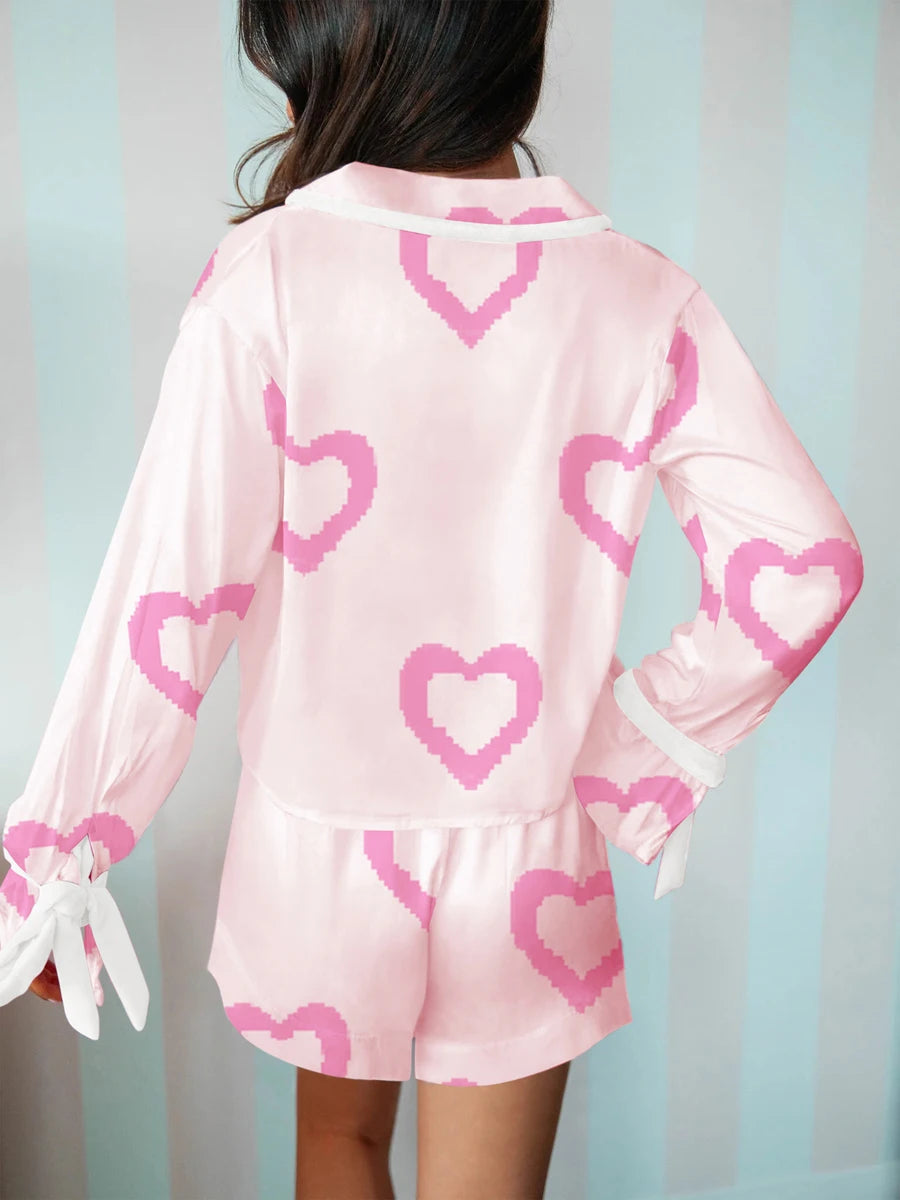 Women s Valentine s Day Lounge Set Long Sleeve Heart Print Shirt Drawstring Shorts Sleepwear