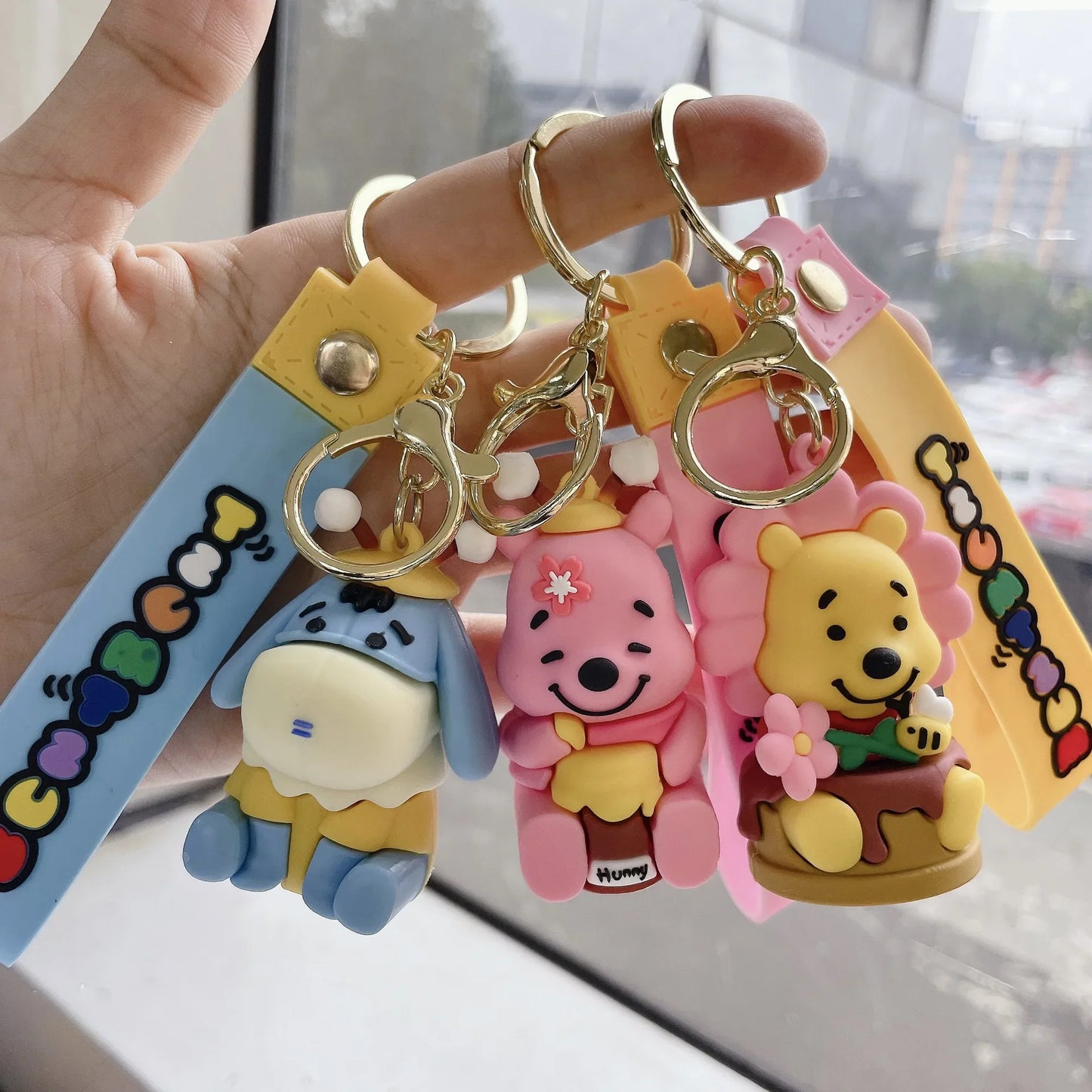 Disney Cartoon Pooh Bear Silicone Keychain for Women Men Kids Lovely Pink Piglet Eeyore Keyring Accessories Gifts