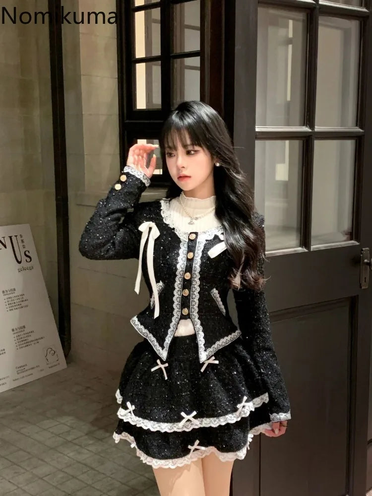 Skirt Outfits Chic Korean Two Piece Set Women Clothing Long Sleeve Tunic Coat A-line High Waist Skirts Suit Lace Bow Sweet Sets