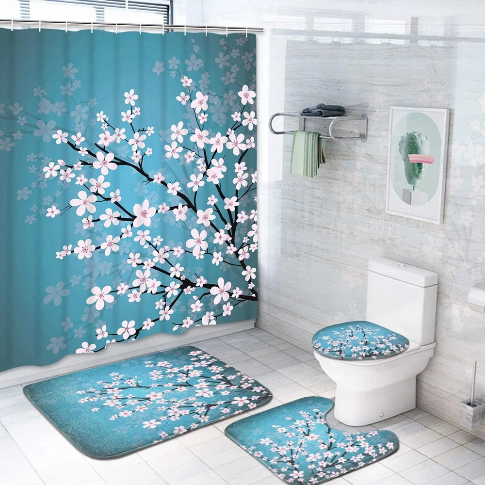 Japanese Cherry Blossom Shower Curtain Set Non-Slip Rug Toilet Lid Cover Bath Mat Spring Sakura Flower Pastoral Bathroom Curtain