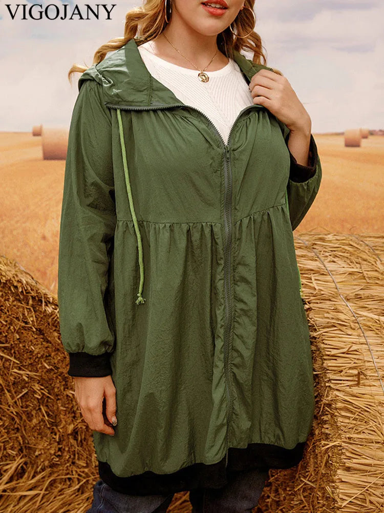 VigoJany 2025 Spring Autumn Solid Plus Size Coat Women Casual Large Long Sleeve Jacket Outwear Lady Chubby Zipper Curvy Clothes