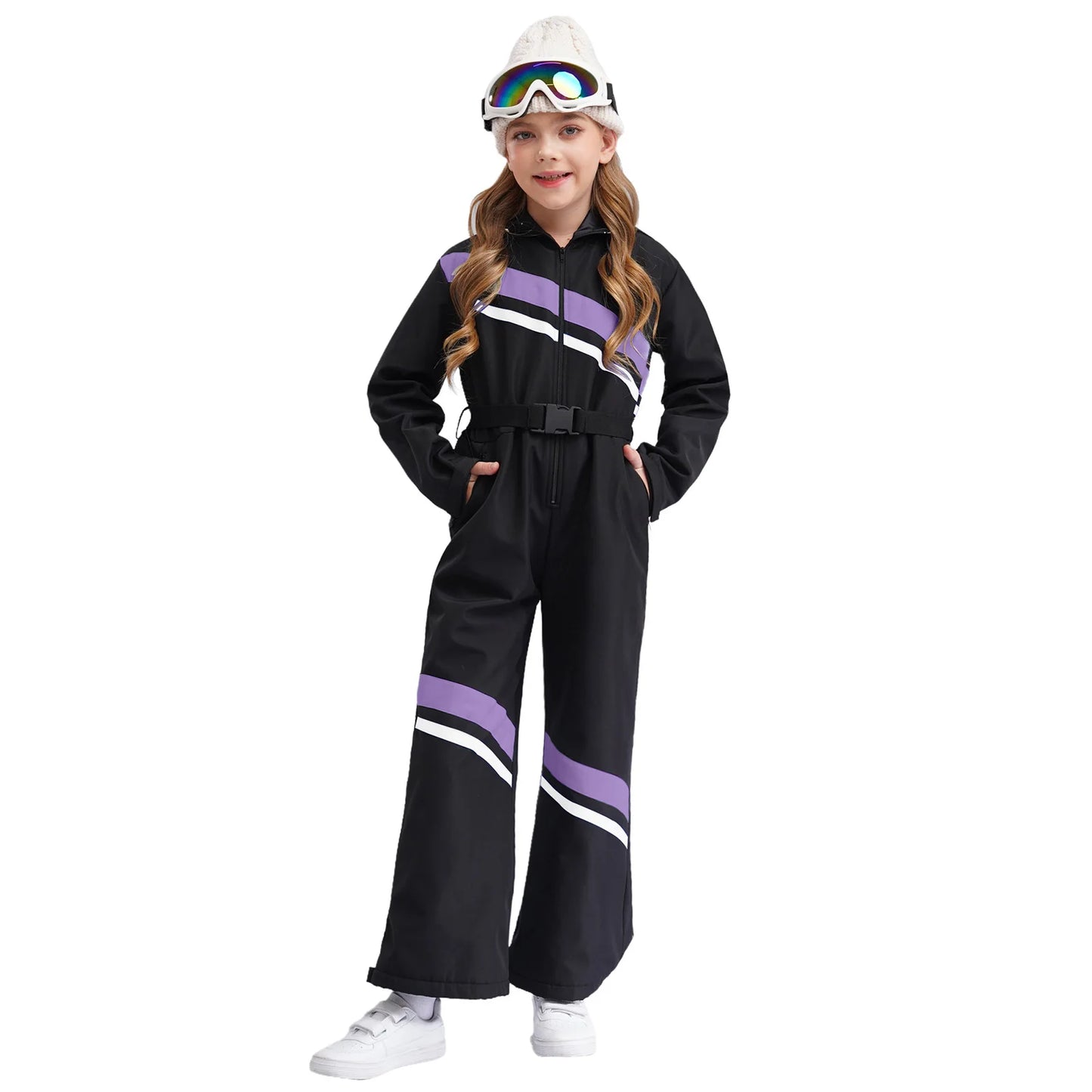 Kinder-Ski-Overall mit Kapuze für Mädchen, langärmelig, Reißverschluss, Farbblock-Bodysuit mit Gürtel zum Skifahren, Snowboarden, Bergsteigen