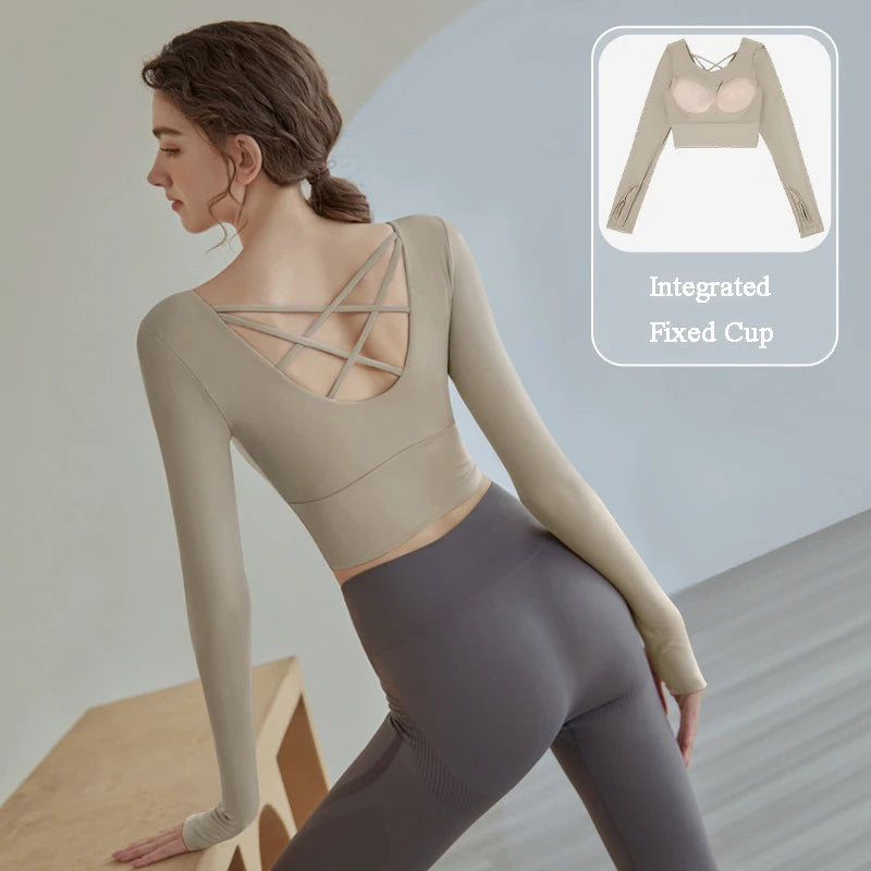 Women Long Sleeve Sport Shirt Beautiful Cross Back Yoga Wear Running Crop Top Sportswear With Bra Pad Fitness Gym Top Yoga Shirt