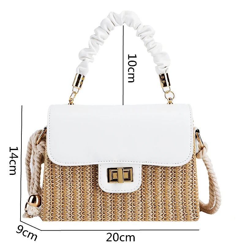 Straw Beach Bag for Women Summer Pleated Handle Luxury Designer Bag Contrast Color Crossbody Purse and Handbag Lady Bolsos