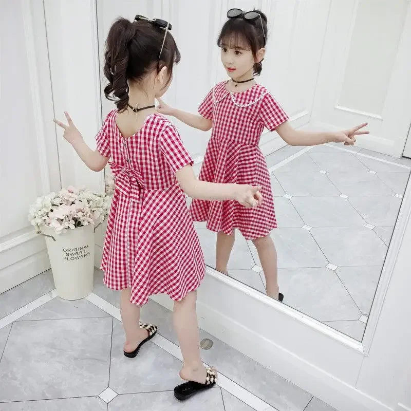 2024 Summer teenager baby Girls Dress Clothes plaid bow grey chiffon Long Beach Princess skirt 3 4 5 6 7 8 9 10 12 13 14 years