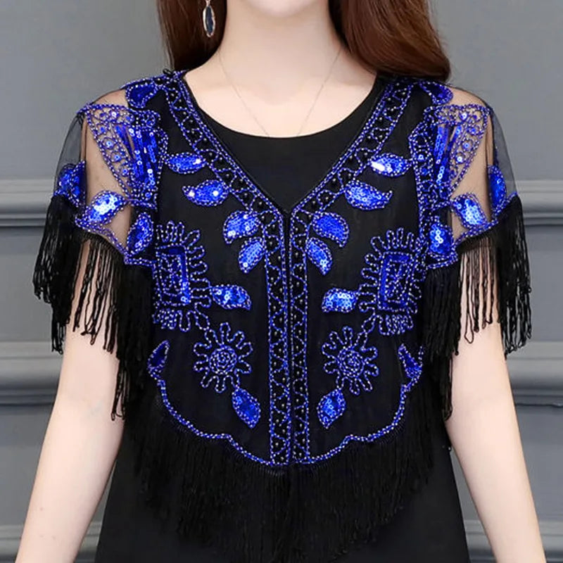 Bling Tassels Blouse Shirt Women Summer Sequin Casual Tops Evening Shawl Wraps Mujer Poncho Shirt Party Club Clothing