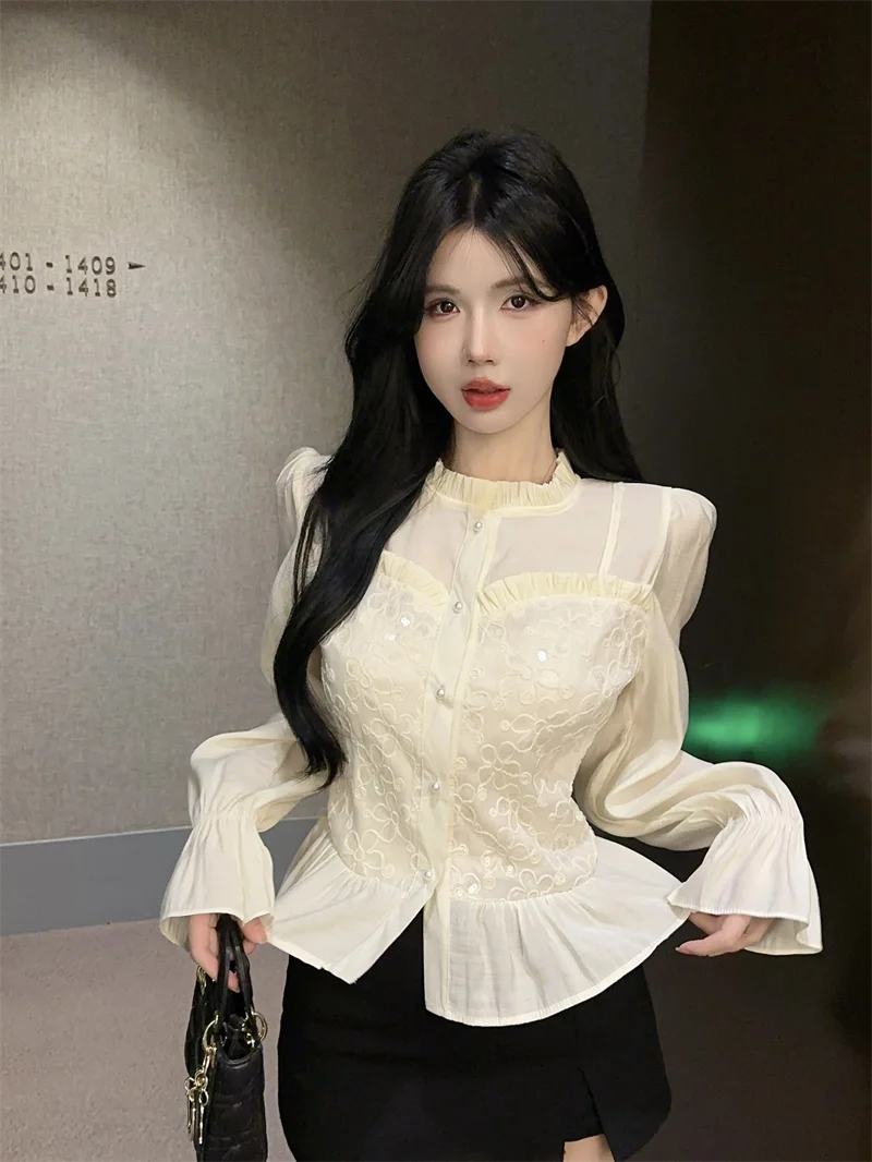 Gagaok French Style Women Tops Temperament Fungus Splicing Fashion Shirts 2025 Spring New Slimming Blouse Casual Clothes