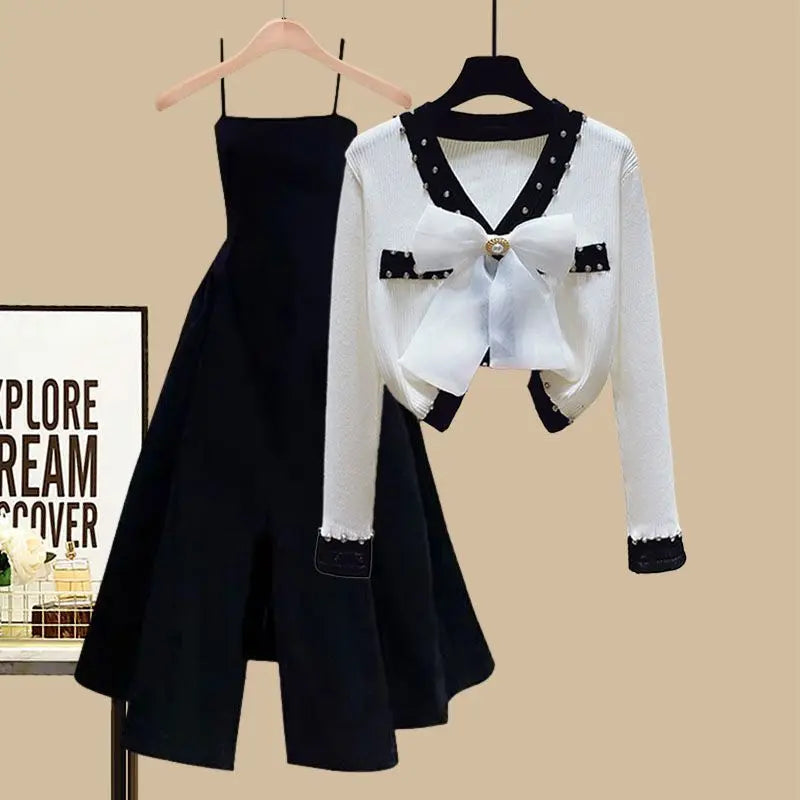 Women's Spring Autumn Single/Outfits 2023 New Skin Covering Slim Fragrant Style Cardigan Waist Wrapped Dress Two Piece Set