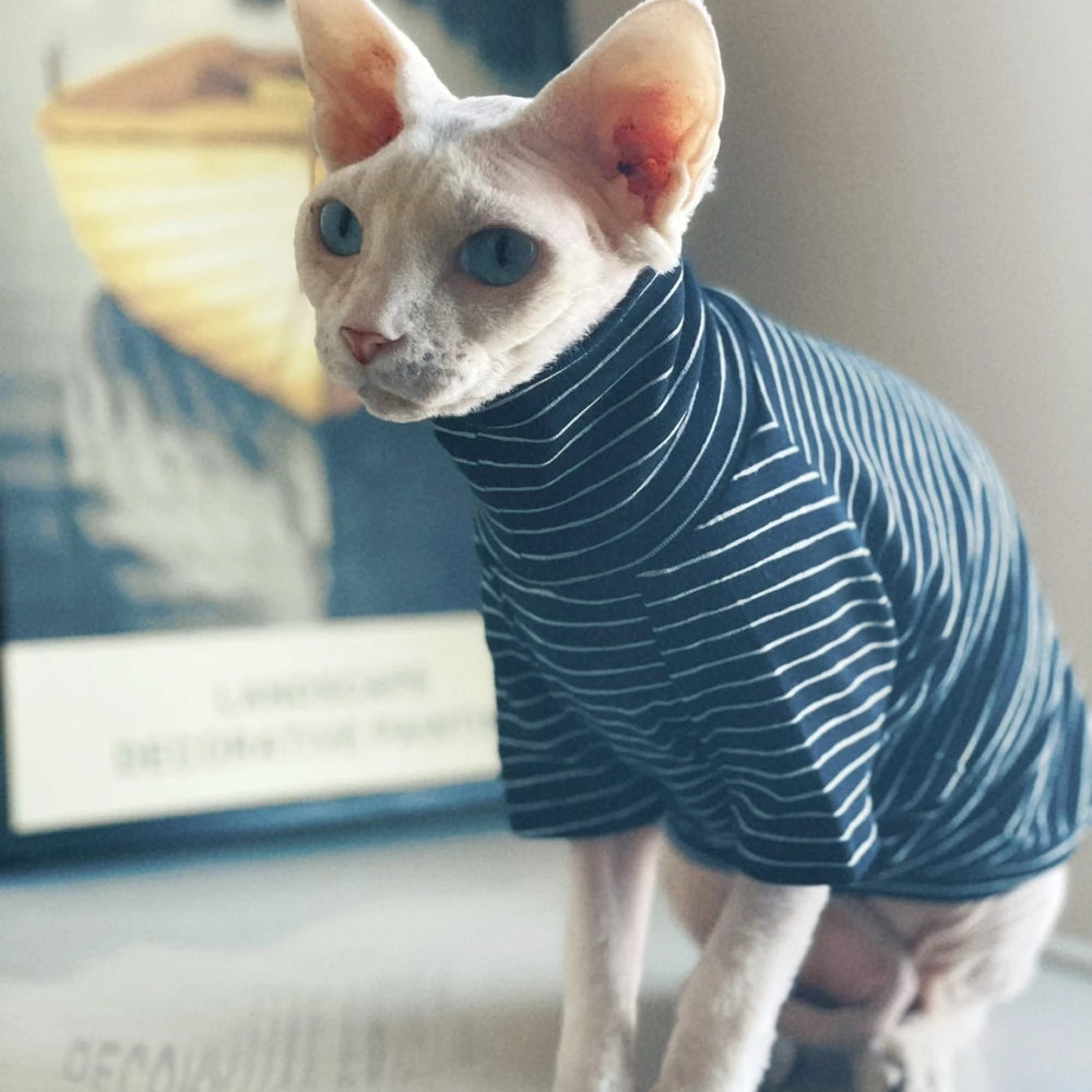 Clothing for Cat Spring Warm Striped Cotton T-Shirt Long Sleeves Coat for Sphynx Soft Green Black Jumpsuit for Kittens in Autumn