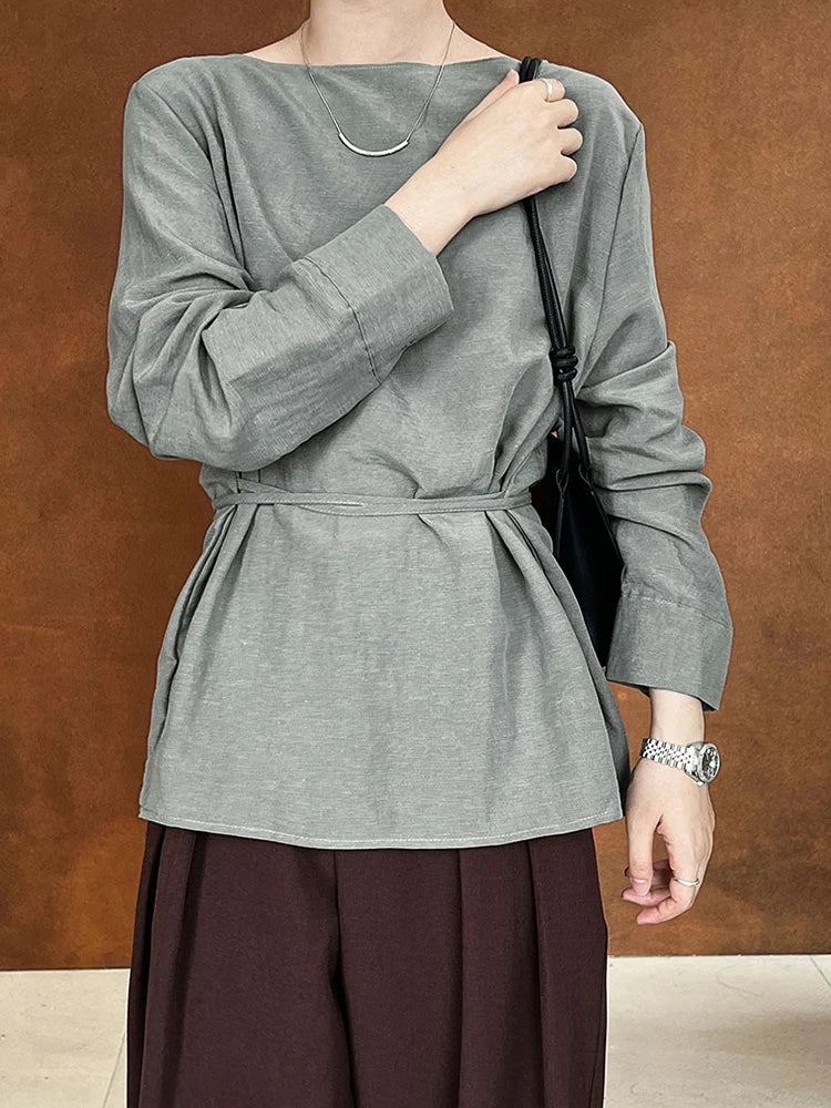 FANAN Women's Shirts Round Neck Lace-up Gathered Waist Long Sleeve Fit Blouses Female Tops Fashion Clothes 2025 Spring New