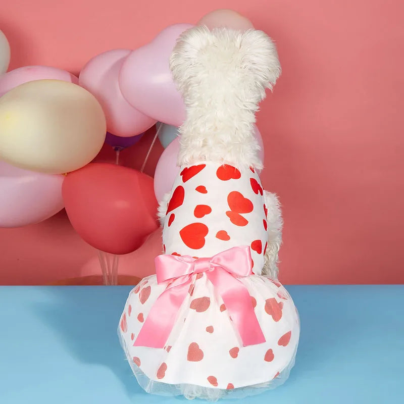 Pet Dogs Princess Dress, Heart Print Tie-up Dog cat Costume Valentine’s Day Party Styling Clothes