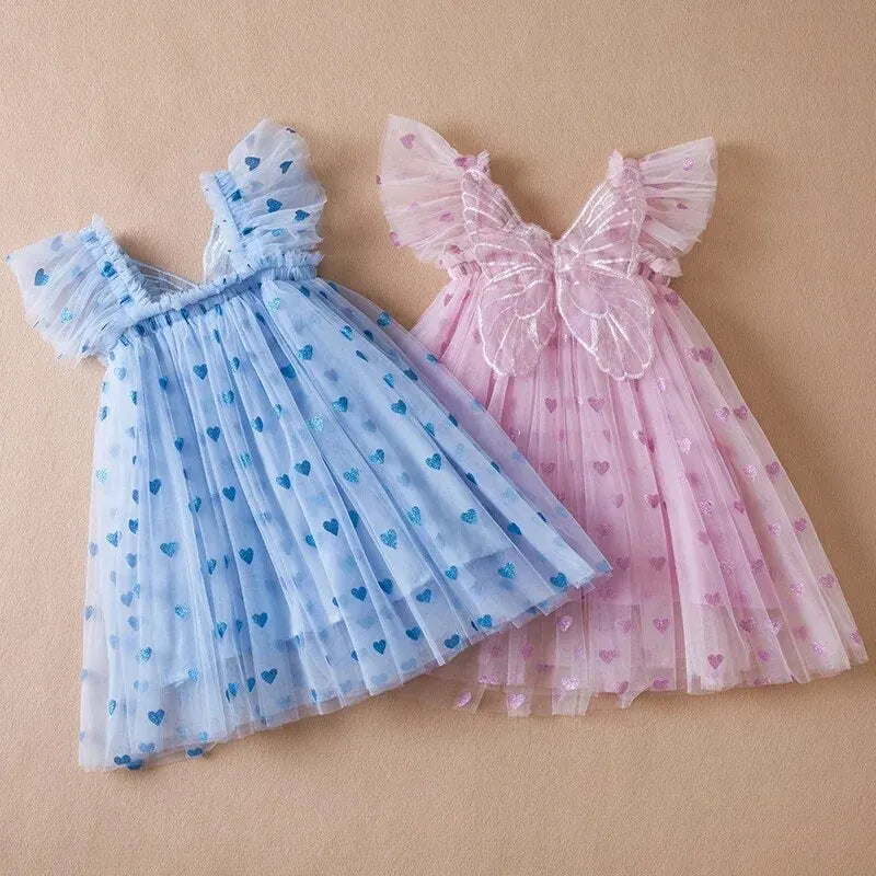 2024 Kinderkleid Mädchen Sommerkleid mit Schmetterlingsflügeln Blumenmuster Puffärmel Tanzperformance Tutu Mesh Prinzessin Kleid Kleidung