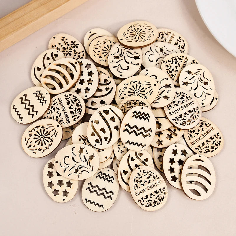 25/50Pcs Easter Eggs Wooden DIY Craft Hanging Ornaments Hollowed Wood Chips Happy Easter Party Decorations For Home Kids Gift