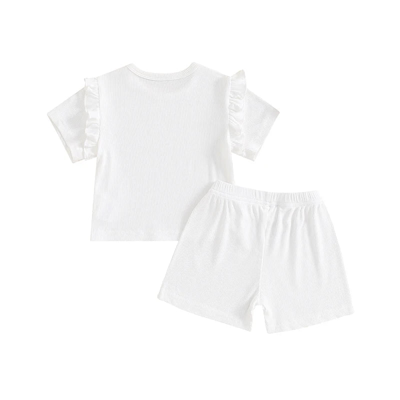 Newborn Toddler Baby Girl Summer Clothes Knit Ribbed Ruffle Shirt Shorts Sets Casual Outfits 0 3 6 9 12 18 Months 2T