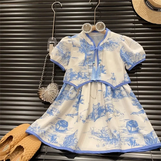 3-7 Years Summer Girls Clothes Set Blue Printed Jacket + Small Suspender Dresses Two-piece Set