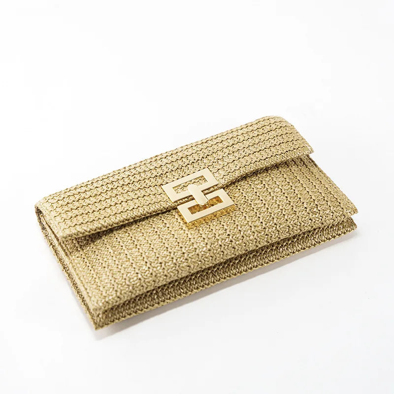 Fashion Straw Clutch Bag for Women Lock Box Paper Woven Bag Casual Summer Beach Bag Bali Travel Handbags Female Purses 2023