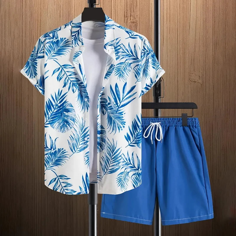 Stylish Lapel Button-Down Shirt Shorts Set Summer Men's Short-Sleeved Shirt Drawstring Shorts 2-Piece 3D Leaf Print Travel Suit mon