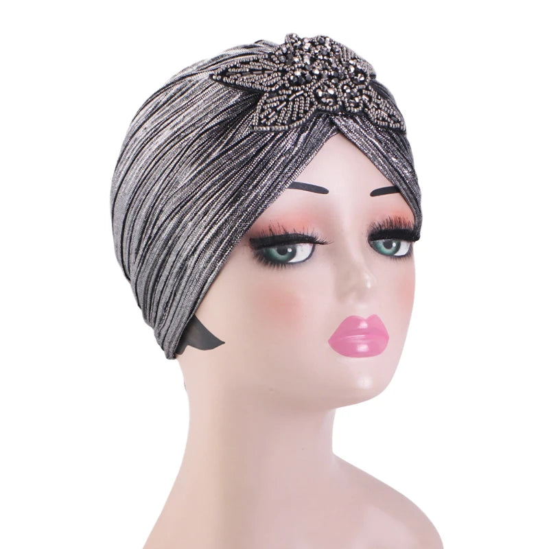 New Rhinestone Flower Turban For Women Elegant Pleated Skull Cap Muslim Hijab Hat Headwraps Elastic Ramadan Beanies Chemo Cap