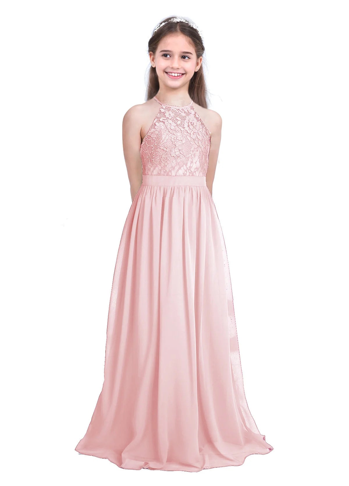 iiniim Kids Girls Vestido de festa Chiffon Dress Floral Lace Cutout Back Flower Girl Dress Elegant Summer Princess Party Dress